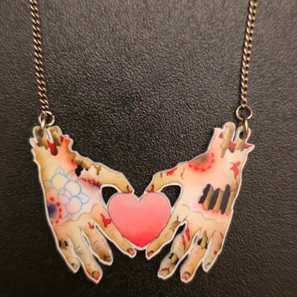 Punky Pins Zombie Hands Pink Heart Necklace, Halloween Vibes, Horror, Tattoo